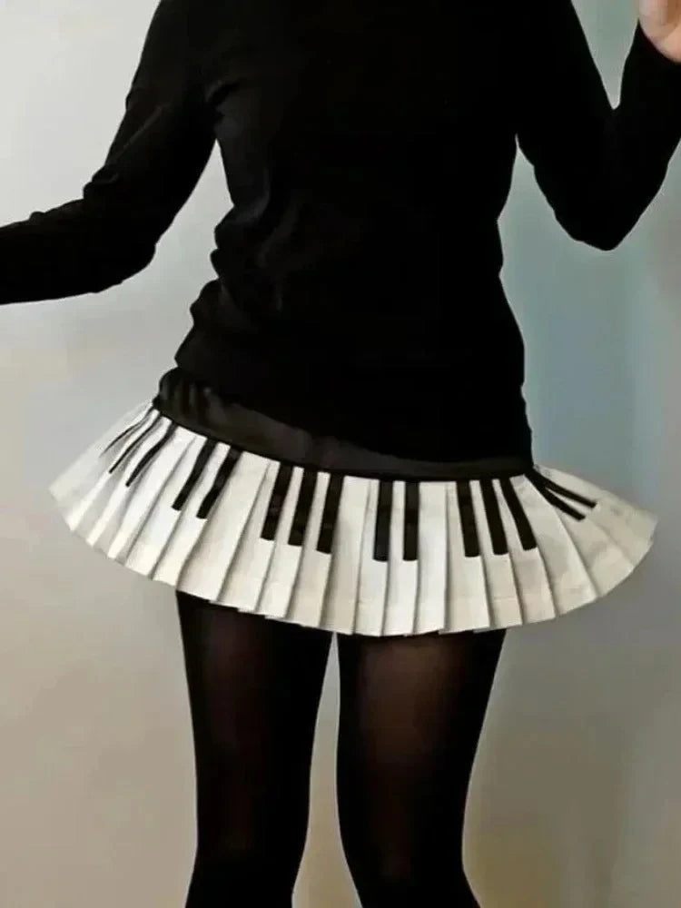 Spring Black White Spliced Women Short Skirt Y2k Slim Design Harajuku Mini Skirt Female Empire Korea Style Chic Piano Skirt - Matrix-studios.com