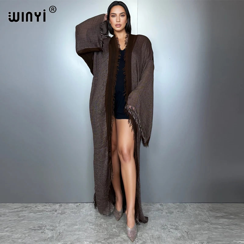 WINYI Retro Kimono Maxi Cardigan Beach Wear Covers Elegant Party Dress Abaya Dubai Luxury Muslim Woman Fashion Open Front Kaftan - Matrix Studios