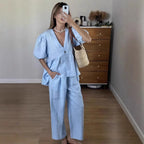 2025 New Women Solid Color V-Neck Bubble Short-Sleeved Trousers Suit Summer Women Short T-Shirt Top + Long Pants Two Peice Sets - Matrix-studios.com