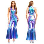 Women Vintage One Piece 70s Disco Dance Rompers Sleeveless Metallic Bell Bottom Flared Pants Jumpsuit for Retro Party Jazz Dance - Matrix Studios