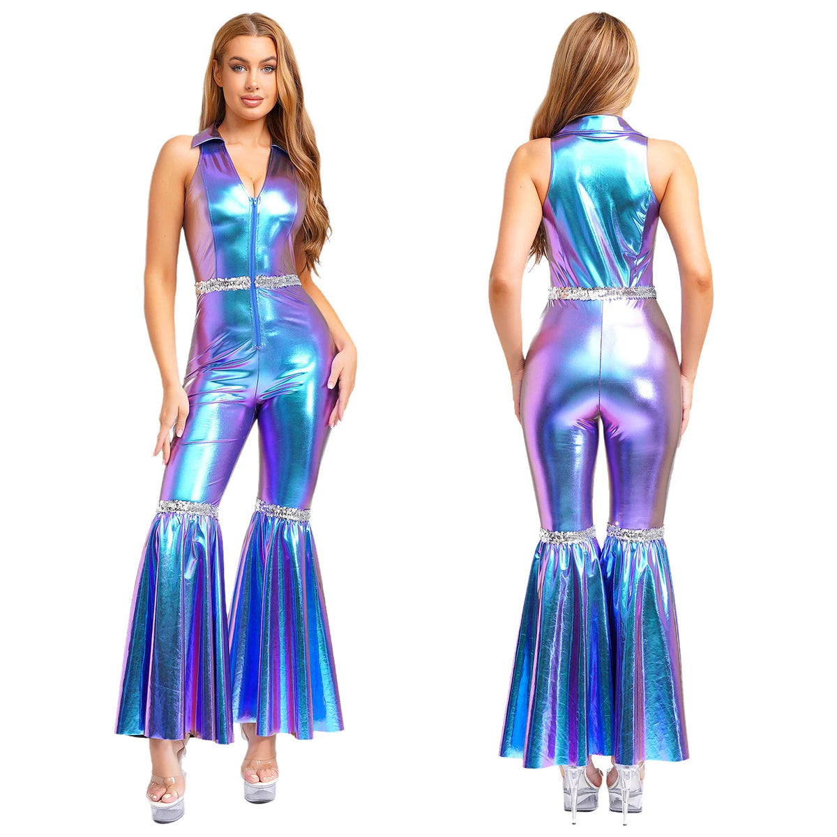 Women Vintage One Piece 70s Disco Dance Rompers Sleeveless Metallic Bell Bottom Flared Pants Jumpsuit for Retro Party Jazz Dance - Matrix Studios