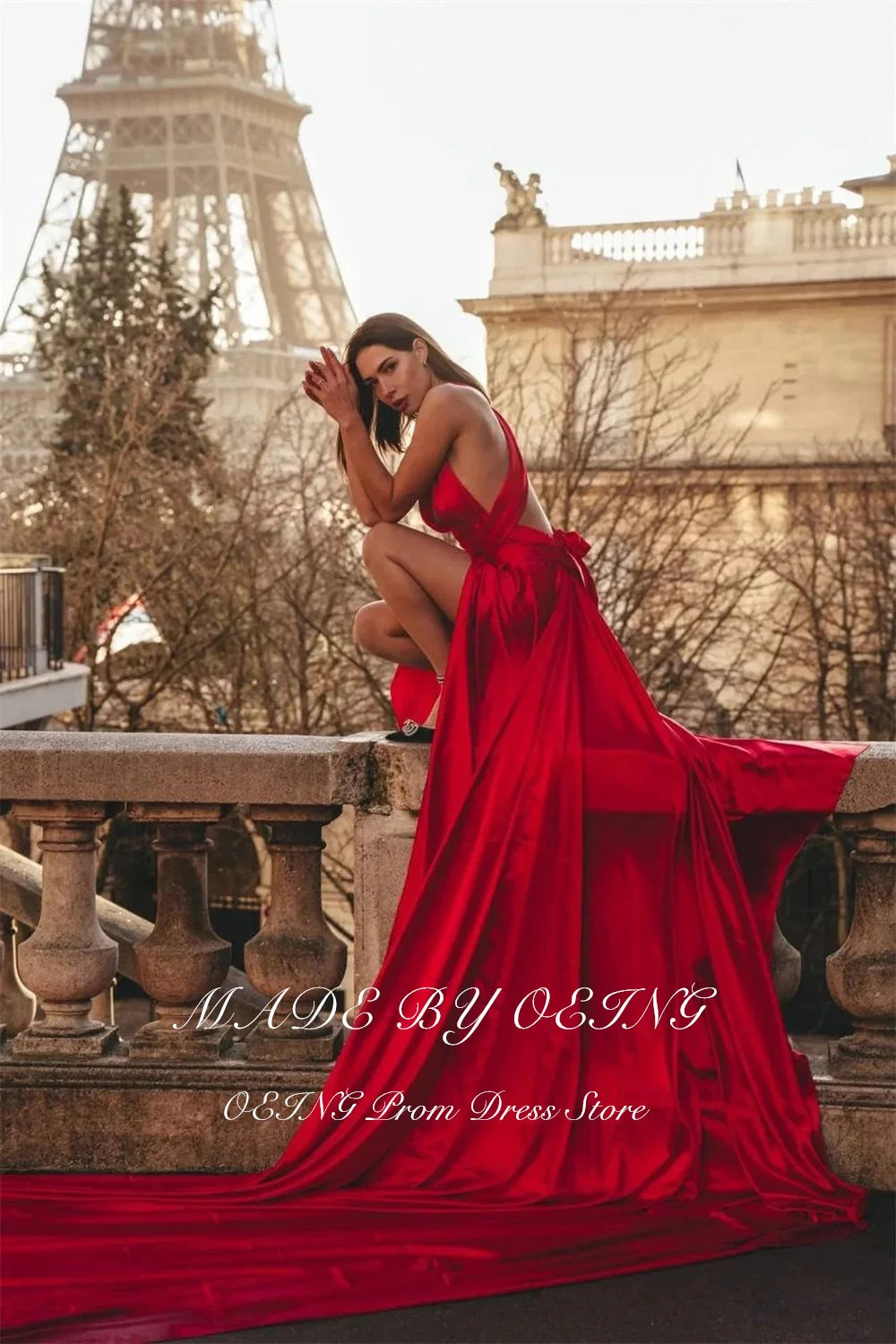 OEING Red A-Line Prom Dress Elegant V Neck Celebrity Evening Dresses Wedding Party Gown Long Train Vestidos De Fiesta Customized - Matrix Studios