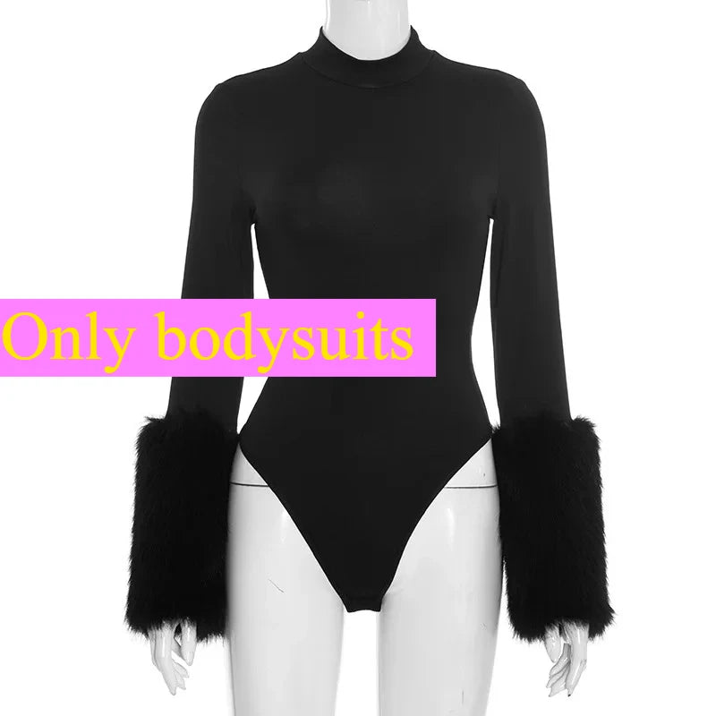 FAGADOER Winter New Sexy Fur Patchwork 2 Pieces Set for Woman Outfits Long Sleeves Bodycon Playsuits + Shorts Female Streetwear - Matrix-studios.com