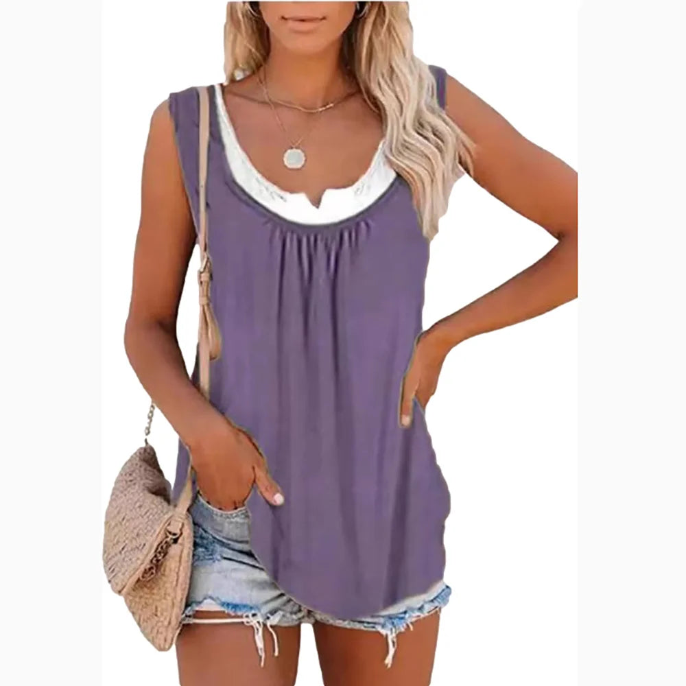 2026 Summer New Arrival Women's Two-Piece Look Sleeveless Tank Top Leaf Print Loose Casual Camisole with Pockets - Matrix-studios.com