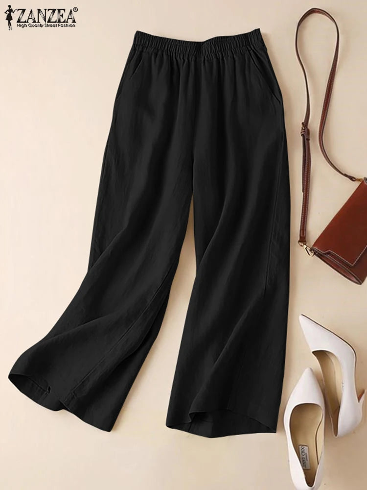 ZANZEA-Summer Women Pants Cotton Linen Elastic Waist Wide-Leg Trousers Casual Lightweight Solid Palazzo Pantalones Woman Bottoms