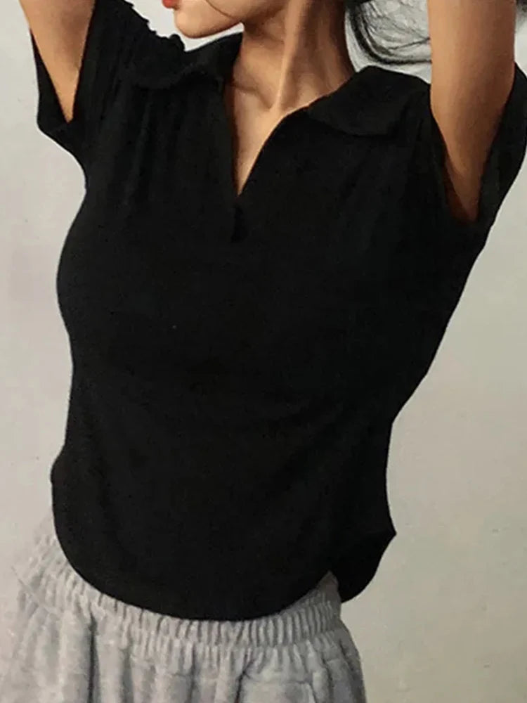 Summer Short Sleeve Lapel Top Women'S Solid V-Neck Pullovers Retro Sweet Shirts Hot Girl Crop Top Female Slim Versatile Tee - Matrix-studios.com