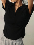 Summer Short Sleeve Lapel Top Women'S Solid V-Neck Pullovers Retro Sweet Shirts Hot Girl Crop Top Female Slim Versatile Tee - Matrix-studios.com