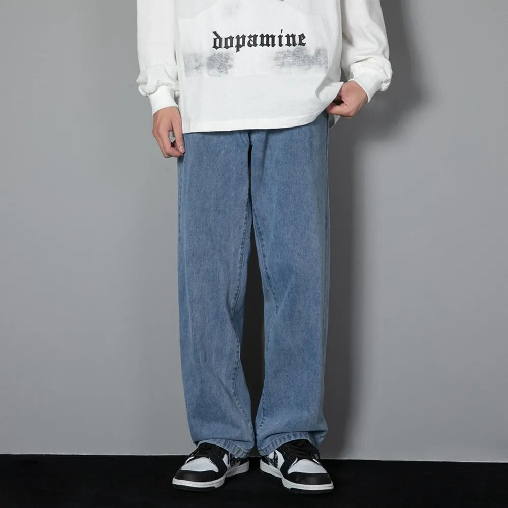 Korean Solid Colors Men's Casual Long Jeans Classic Man Four Seasons Straight Denim Wide-leg Pants Light Blue Grey Black 3XL - Matrix Studios