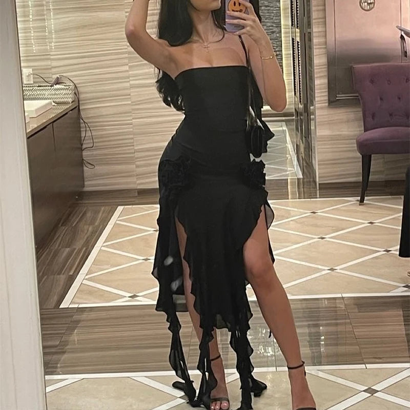 Women Strapless Sexy Floral Fold Hemline High Slit Mini Dress 2024 Solid Backless Sleeveless Black And Pink Party Dress Vestidos - Matrix-studios.com