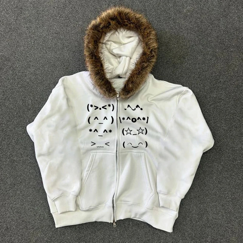 Casual Faur collar Harajuku Streetwear Hiphop Zipper Hoodie sweatshirt Vintage Rock Goth Loose Punk EMO Y2K Zip up hoodie Jacket