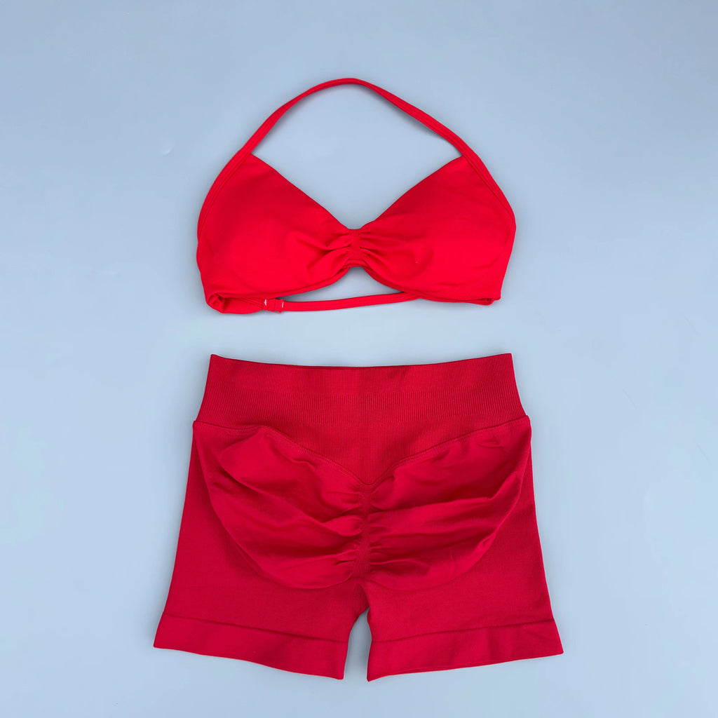 2 Piece Sports Gym Set Strappy Bra Yoga Underwear Short Sport Leggings Bicycle Running Sportswear Woman Seamless Yoga Set - Matrix-studios.com