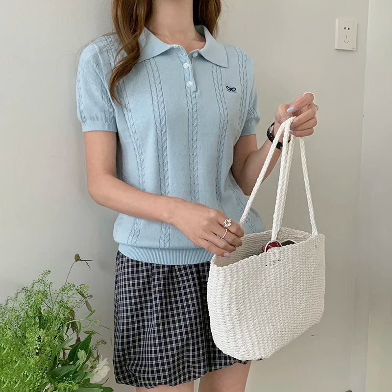 WinvyNee Spring Summer Women's Cotton Sweaters Polo Short Sleeve Clothing Bow T Shirts Casual Outerwears Pullover Tops A1522066 - Matrix-studios.com