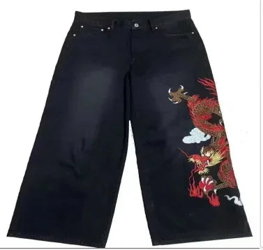 American Trend Retro Gothic Embroidery Graphics Washed Baggy Jeans Women's Y2K New Harajuku Hip-Hop Punk Rock Couple Street Wear - Matrix Studios
