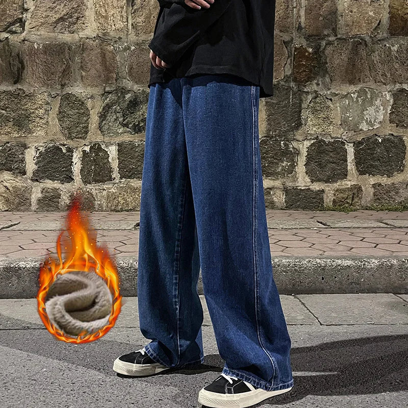 Men's Winter Fleece Loose Jeans Velvet Warm Elastic Waist Wide Leg Y2K Denim Pants Straight Comfortable Brand Men's Clothing - Matrix Studios