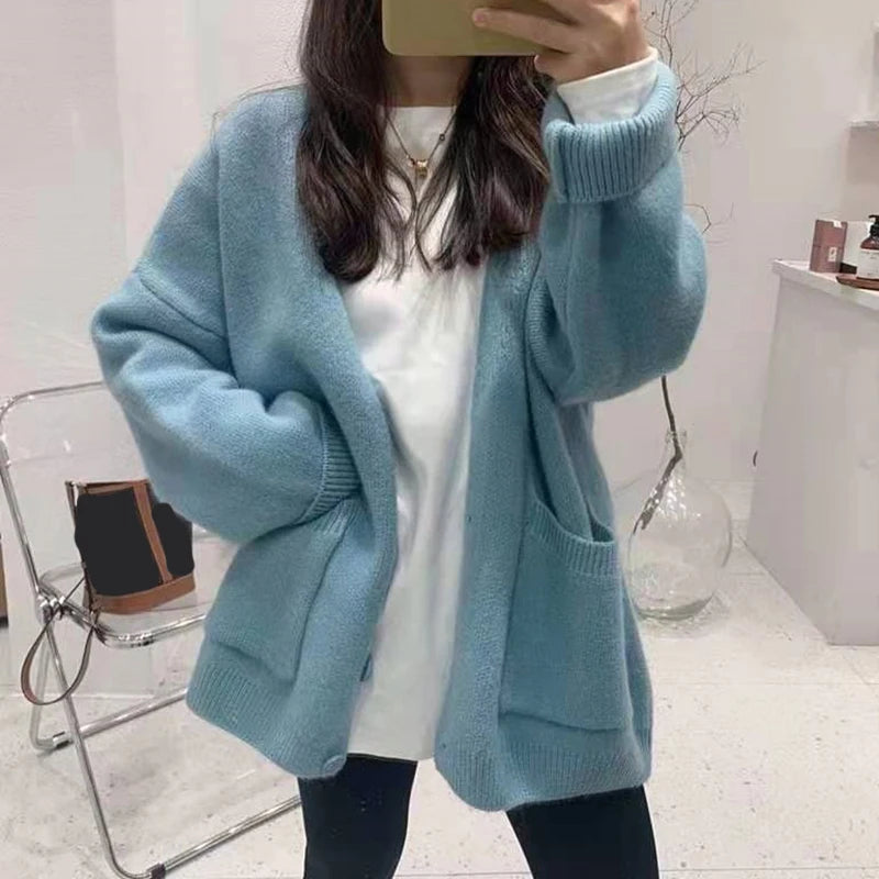 2024 Chic Yellow Sweater Cardigan Women Lazy Wind Single-Breasted Knitted Cardigan Women Solid V Neck Cardigans Female - Matrix Studios