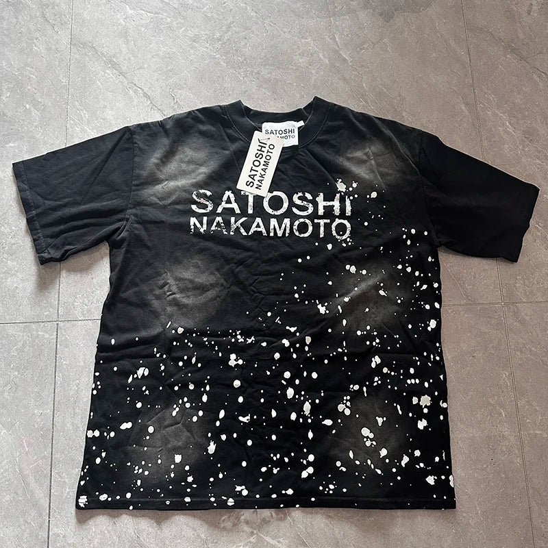 Satoshi Nakamoto T-shirt Splash-ink Letter Print Short-sleeved Vintage Oversized Men's T Shirt Shorts Summer Trend Clothing - Matrix-studios.com
