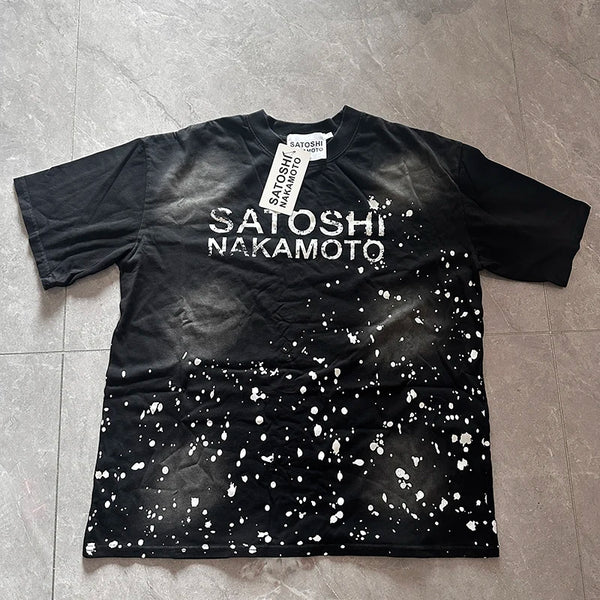Satoshi Nakamoto T-shirt Splash-ink Letter Print Short-sleeved Vintage Oversized Men's T Shirt Shorts Summer Trend Clothing - Matrix-studios.com