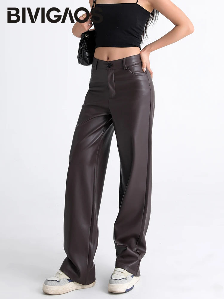 BIVIGAOS Fall Winter Fleece Loose Wide Leg Warm Leather Pants Women Button Pocket High Waist Thick PU Casual Straight Pants - Matrix-studios.com