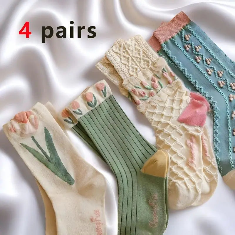 4Pairs Floral Socks Set Women Cute Flower Geometric 3D Textured Ankle Cottagecore Lucky Socks Fashionable Casual Mid Cub Socks - Matrix Studios