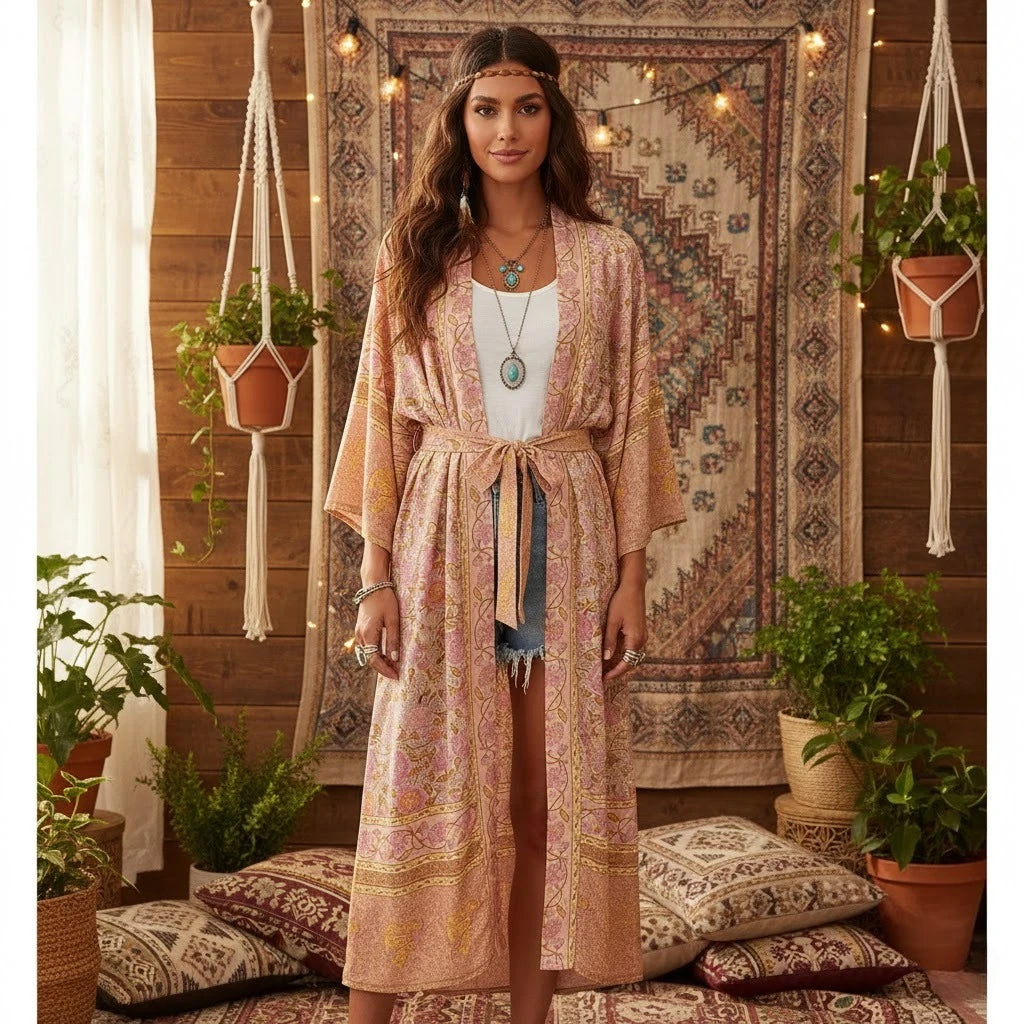 Boho Queens Women Pink Floral Print Bohemian Kimono Beach Robe Lady Batwing Sleeves Rayon Vacation Boho Bikini Cover-ups - Matrix Studios