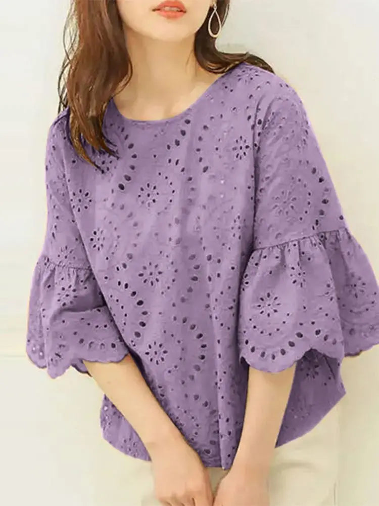 ZANZEA Fashion Summer 3/4 Sleeve Hollow Out Blouse Women Elegant Lace Crochet Tops Casual Loose Embroidery Shirt Work Blusas - Matrix-studios.com
