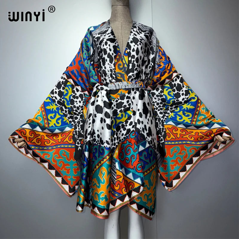 WINYI kimono beach outfits women Swim Suit Cover up boho Cardigan stitch Self Belt Holiday long Sleeve coat holiday kaftan coat - Matrix Studios