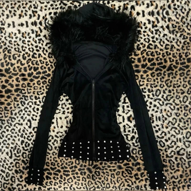 Gothic Y2K Women's Chic Hoodie Sexy Slim Casual Solid Color Female Cropped Sweatshirt Grunge Punk Vintage Aesthetics Streetwear - Matrix Studios