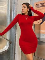 Long Sleeve Slim Bodycon Mini Dress Women Turtleneck Pleated Party Ruched Short Evening Club Outfit Soild Color - Matrix-studios.com