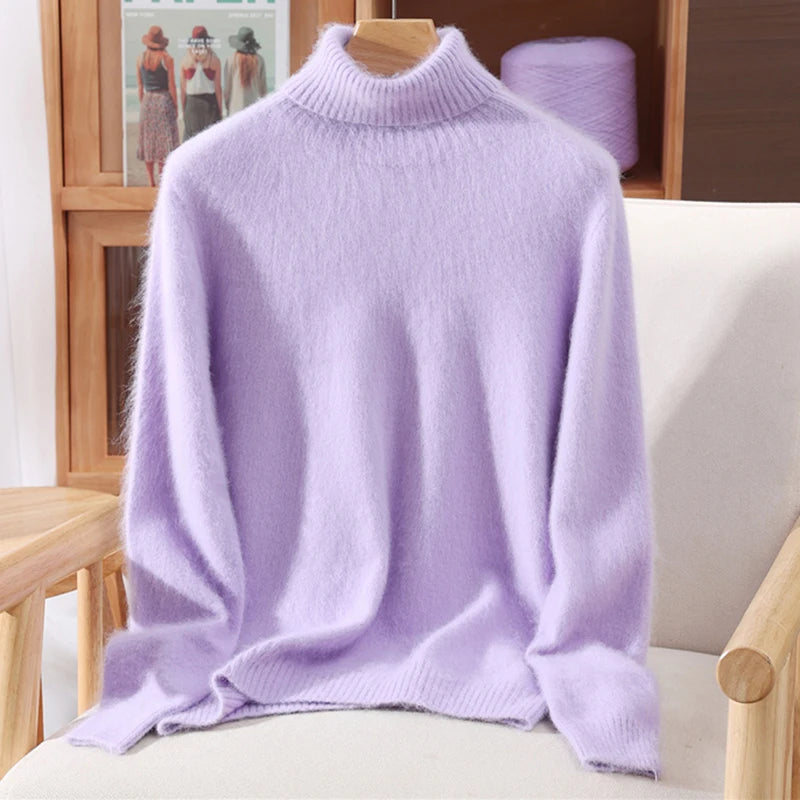 Autumn And Winter New 100% Mink Cashmere Sweater Ladies' High Lapel Solid Color Padded Pullover Wool Knitted Bottoming Shirt - Matrix Studios