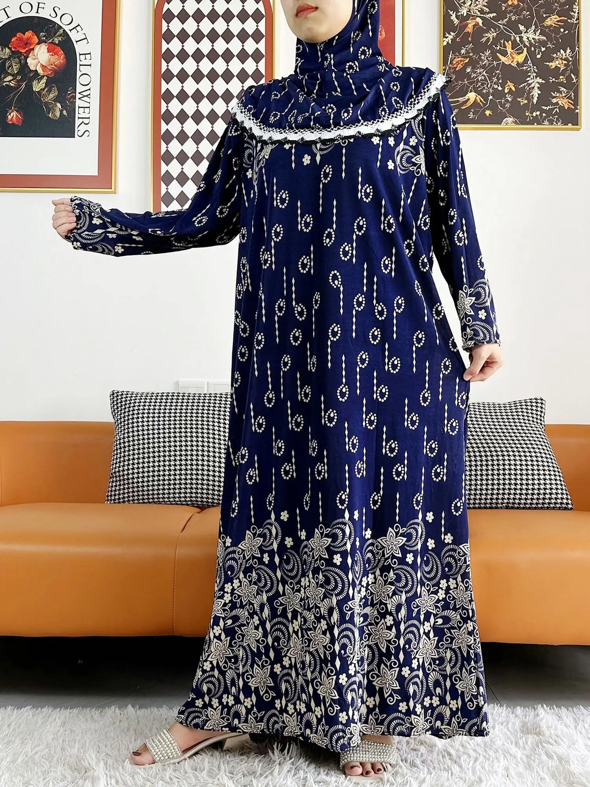 2023 Muslim Solid Cotton Abaya For Women Ramadan Prayer Garment Joint Hat Dubai Turkey Middle East Femme Robe Floral Loose Dress - Matrix-studios.com