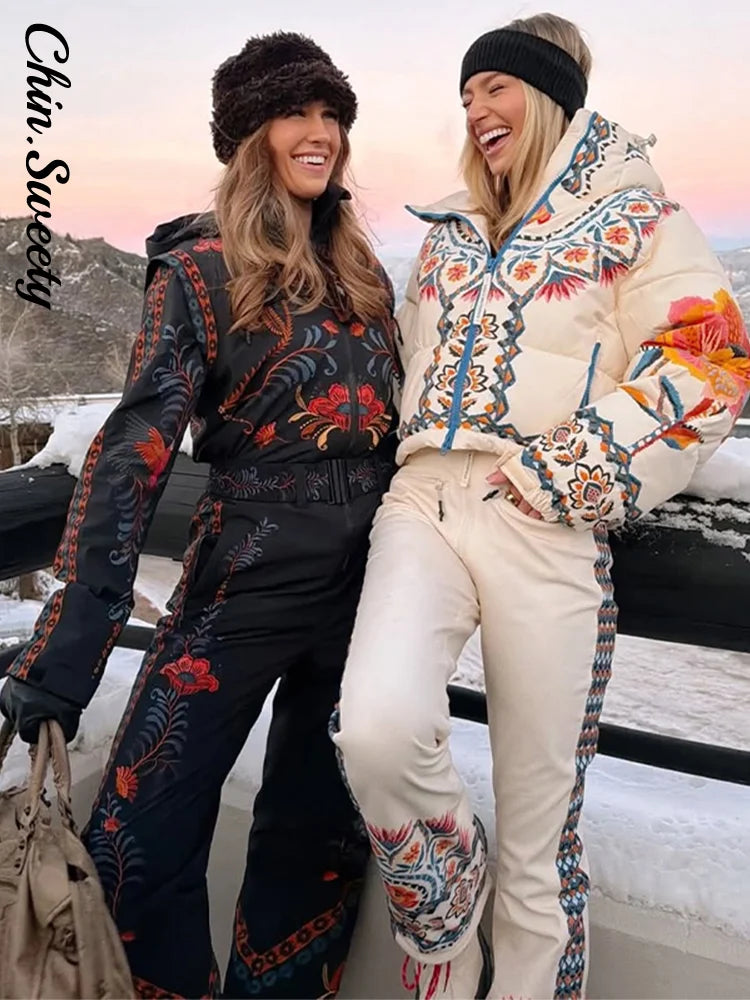 Flower Printed Women's Ski Jumpsuits Zippers Stand Collar Waist-closed Pocket Lady Rompers 2026 Autumn Winter Female Ski Wear - Matrix Studios