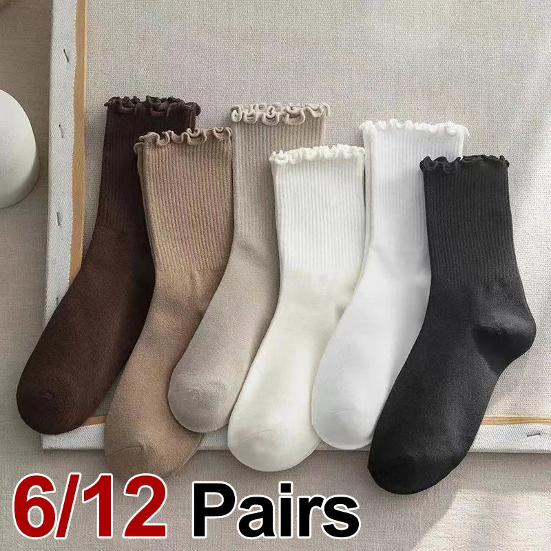 6/12 Pairs Women Solid Color Wavy Edge Mid Tube Socks Fashionable Sweet Style Breathable Comfortable Spring Summer Casual Socks - Matrix Studios