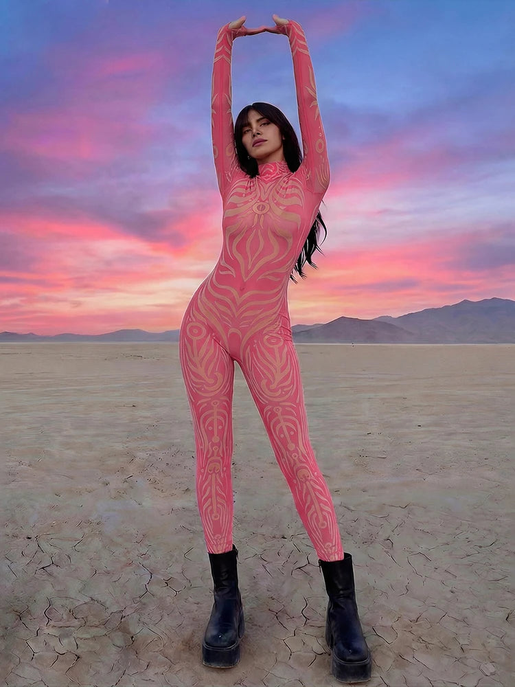 Weird Puss Sexy Striped Print Jumpsuits Women Wild Style Turtleneck Full Sleeve Midnight Party Club Stretch Streetwear Overalls - Matrix Studios