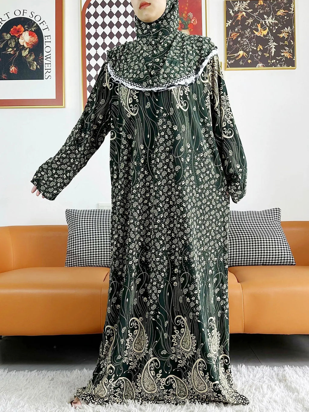 2023 Muslim Solid Cotton Abaya For Women Ramadan Prayer Garment Joint Hat Dubai Turkey Middle East Femme Robe Floral Loose Dress - Matrix-studios.com