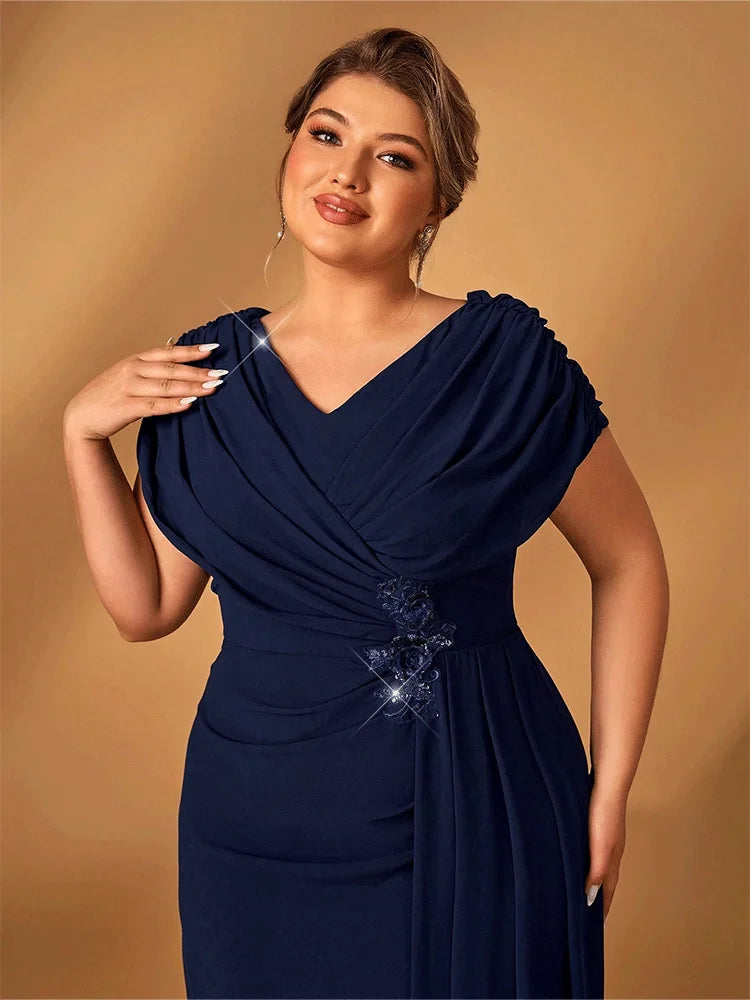 Suhdeuwsh Plus Size Luxury Mom Wedding Reception Party Luxury Shiny Plus Size Chiffon Mother Navy Blue Evening Dress - Matrix-studios.com