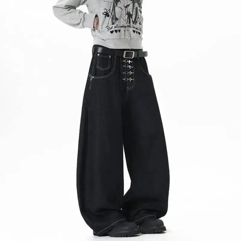 IEFB Korean Style Men's Jeans Solid Color Metal Buckle Casual Streetwear Straight Wide Leg Loose Male Denim Pants Fashion 9X270 - Matrix Studios