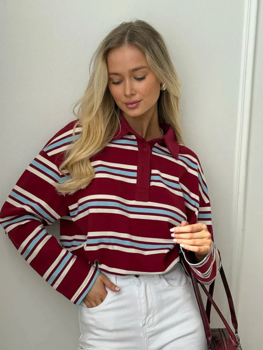 Wolfeel  Women's Vintage Inspired Retro Striped Polo Collar Oversized Drop Shoulder Long Sleeve  T-Shirt Trendy  Casual Top - Matrix-studios.com