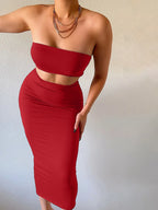 Hugcitar Women Elegant 2 Pcs Sets Strapless Sexy Tube Crop Tank Top Maxi Skirt 2025 Summer Women Casual Clothes Party Festival - Matrix-studios.com