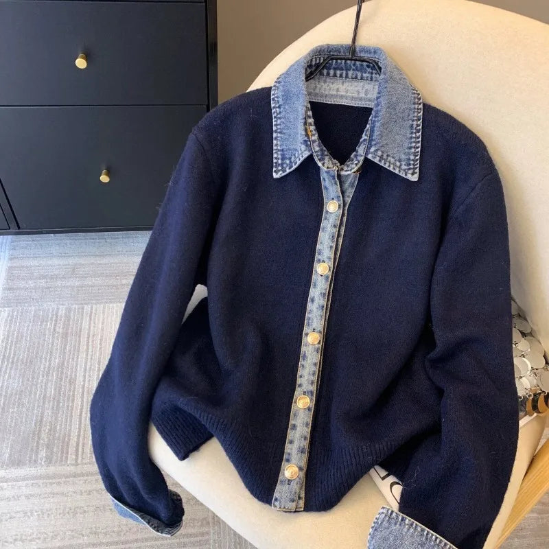 Chic Denim Collar Stitching Fake Two-piece Sweater Women's Cardigan New Single Breasted Knitted Jacket Coat Female Outwear - Matrix Studios