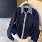 Chic Denim Collar Stitching Fake Two-piece Sweater Women's Cardigan New Single Breasted Knitted Jacket Coat Female Outwear - Matrix Studios