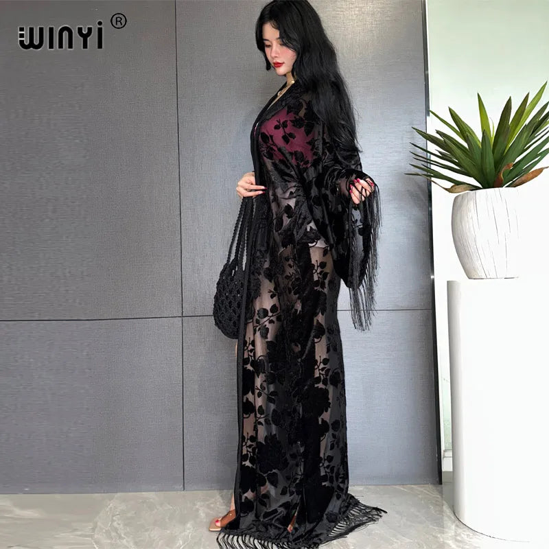 WINYI Middle East Coat Muslim Fashion Kaftan kimono maxi Robes Streetwear Open Abaya Perspective elegant dress beach cover up - Matrix Studios