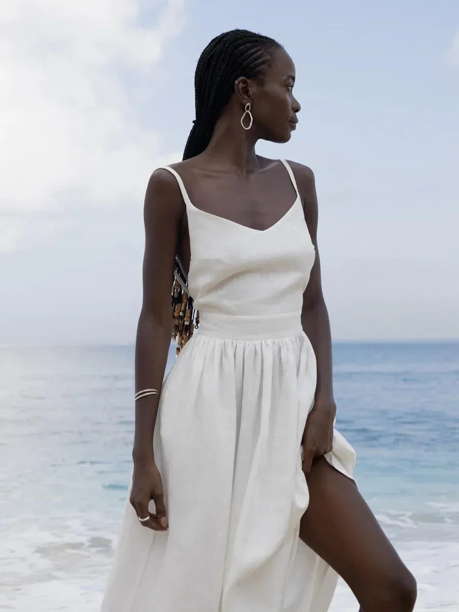 Bornladies Spring Summer Beach Style Women Dress Vintage Loose A-line Sling Dress Sexy Hot Girl 100% Cotton V-neck Dress - Matrix-studios.com