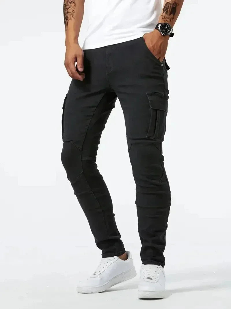 2025 Street Elastic Jeans Men Denim Cargo Pants Wash Solid Color Multi Pockets Casual Mid Waist Trousers Slim Daily Wear Joggers - Matrix Studios