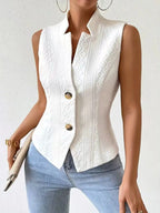 Women's Elegant V-Neck Sleeveless Blazer Vest Solid White Textured Button-Down Slim Fit Waistcoat Top - Matrix Studios