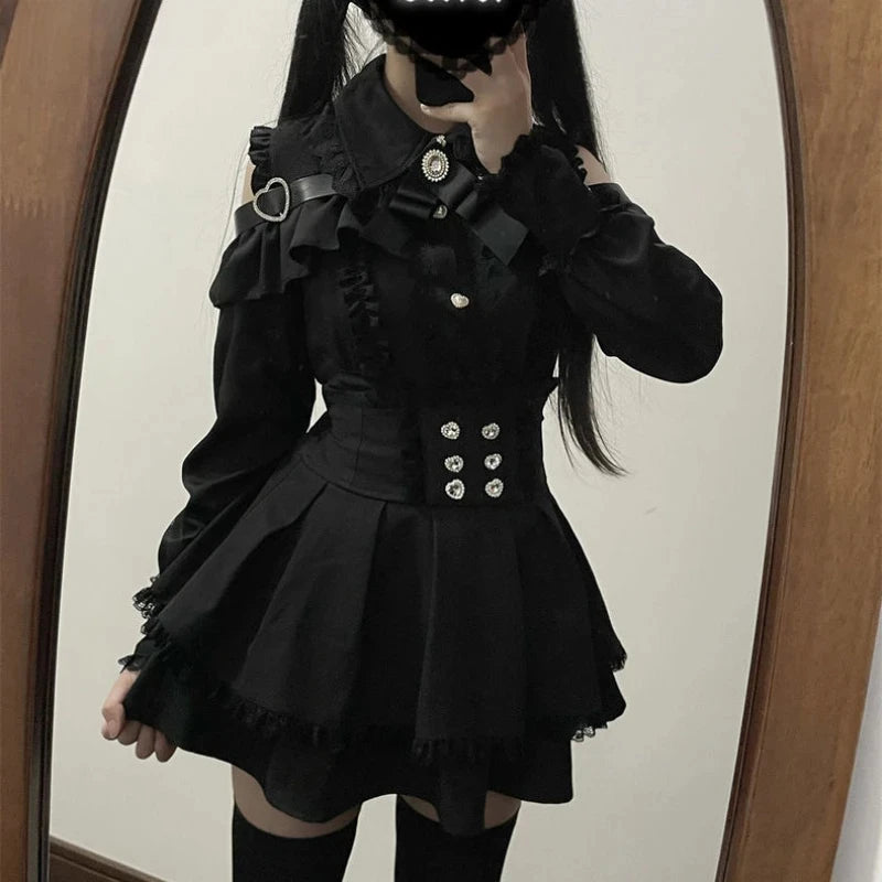 Y2k Aesthetic Lolita Style Bow Dress Shorts Set Japanese Women Gothic Lace Flare Sleeve Button Shirt Dress Punk Party Mini Dress - Matrix-studios.com