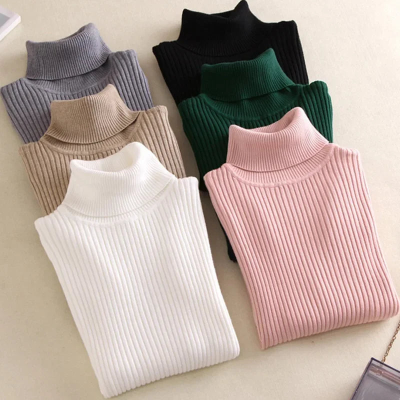 Casual Soft Polo-neck Jumper New Autumn Winter Women Knitted Turtleneck Sweater Fashion Slim Elasticity Solid Ribbed Pullovers - Matrix Studios