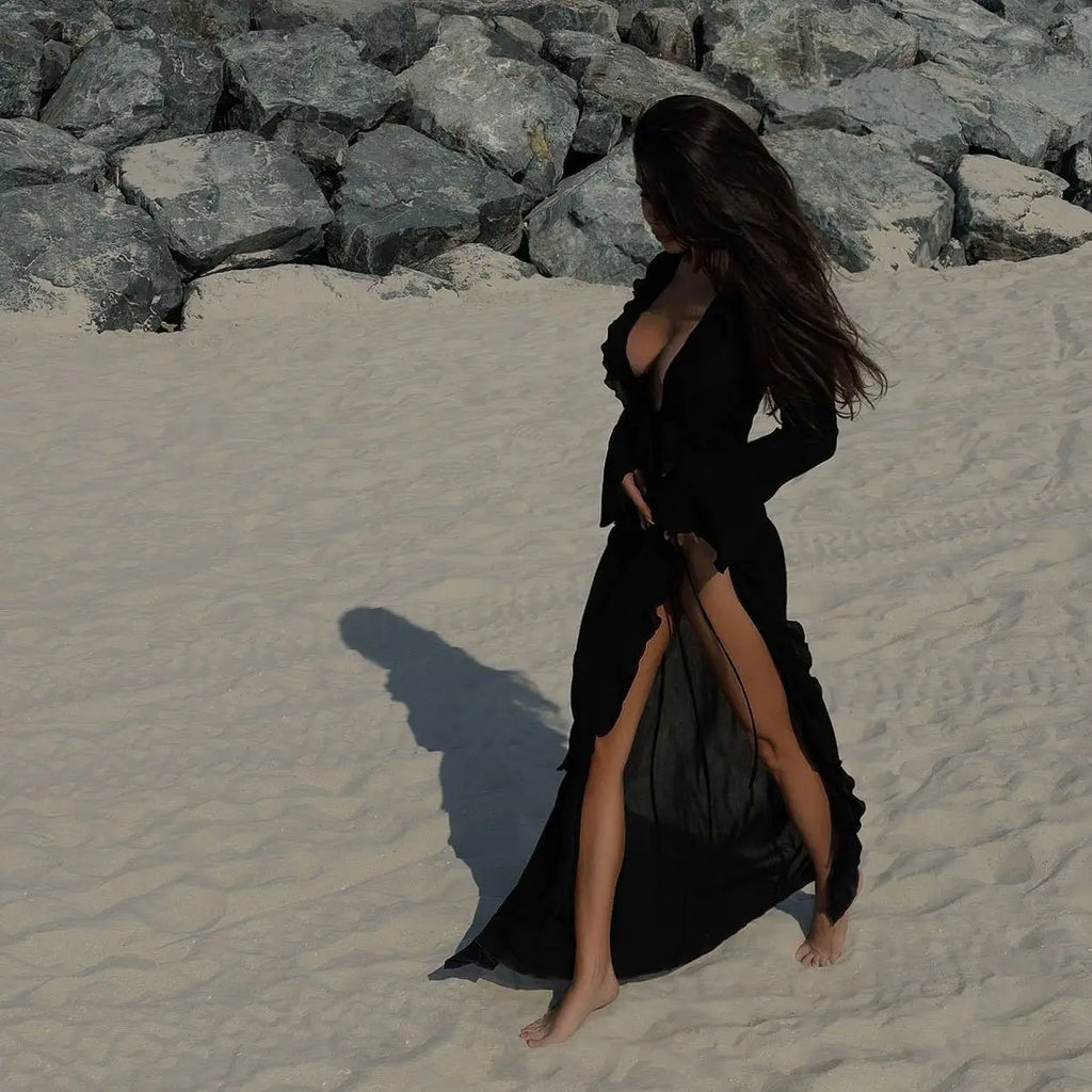 Beach Cover Up Cover-ups Dress Chiffon Long Sleeve Sunscreen Beachwear Womens Clothing Sexy V Neck Ruffled Black White New Tunic - Matrix Studios
