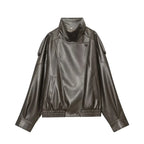 Women's Jacket 2026 Autunm  New Black Long Sleeve Pebble Faux Leather Jacket Motorcycle Style Personality Fashion - Matrix Studios