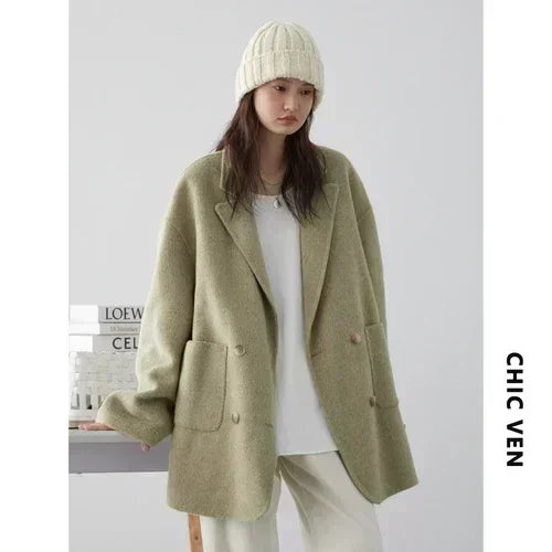CHIC VEN Women's Woolen Coats Loose Casual Double Breasted Retro Double-sided Jacket Office Lady Outerwear Autumn Winter 2026 - Matrix-studios.com