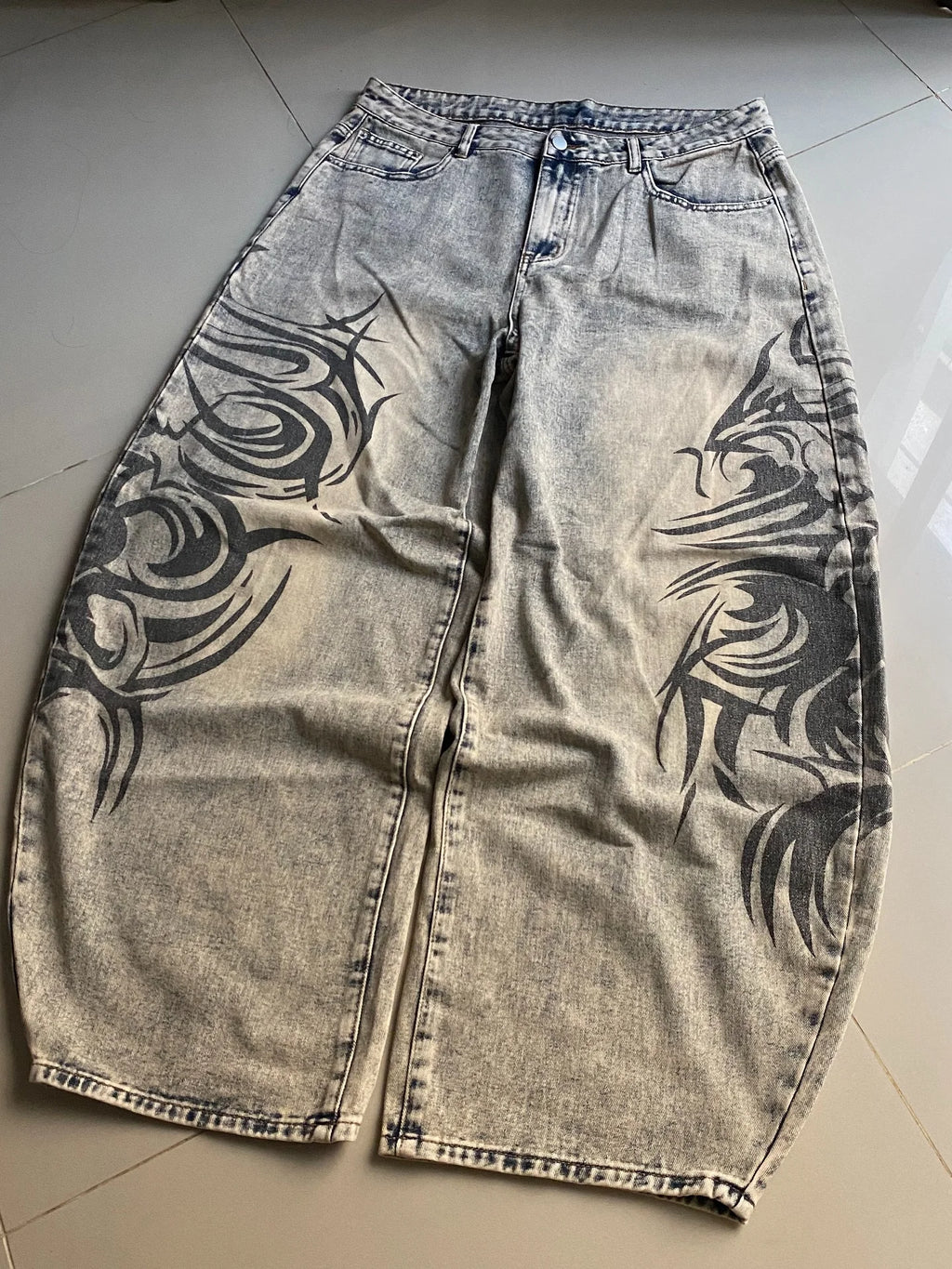 American Retro Streetwear Y2K Gray Printed Loose Jeans Hip Hop Harajuku Casual Washed Distressed Straight Floor Mopping Pants - Matrix Studios
